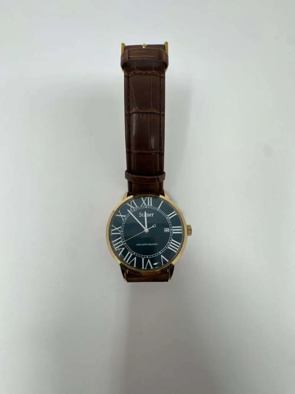 Stauer Men's Gold-Tone Round Case Watch with Roman Numerals and Brown Leather St